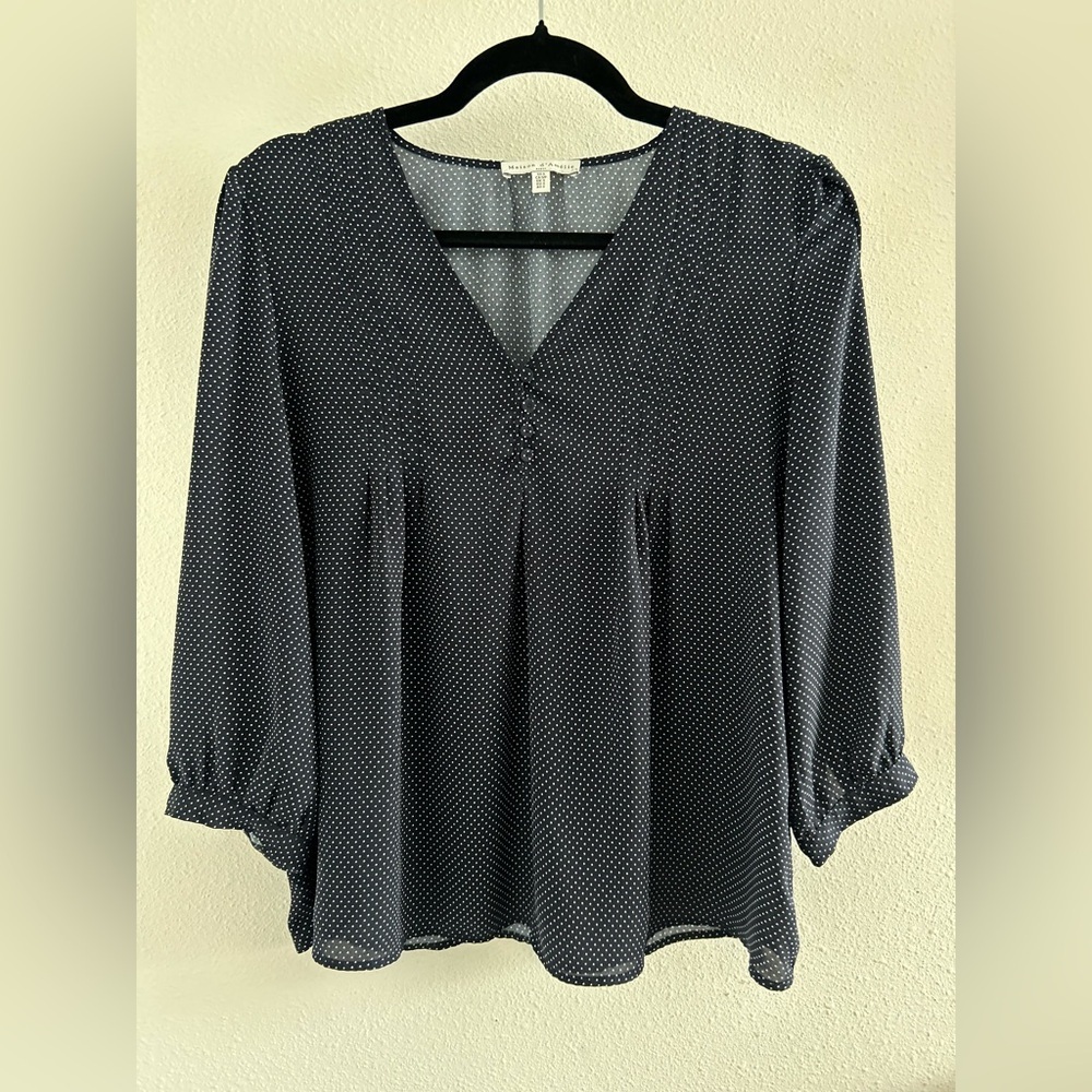 Maison d’Amelie Polka Dot V-Neck Blouse in Navy Size Small